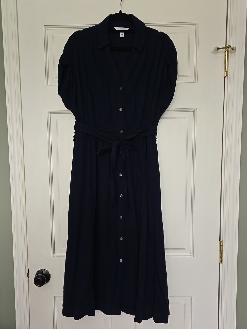 Navy Button-Front Midi Dress with Tie Waist